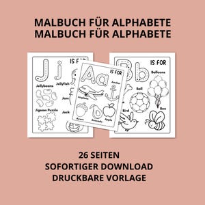 K&ouml;nnte beinhalten: Schwarz-Wei&szlig;-Alphabet-Malvorlagen mit Illustrationen von Objekten wie Flugzeugen, &Auml;pfeln und Ballons. Die Seiten tragen den Titel "MALBUCH F&Uuml;R ALPHABETE" und enthalten den Text "26 SEITEN SOFORTIGER DOWNLOAD DRUCKBARE VORLAGE."