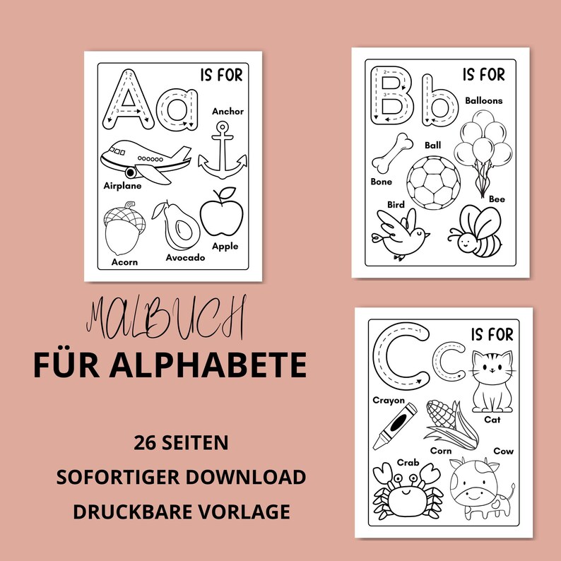 K&ouml;nnte beinhalten: Vier druckbare Alphabetseiten mit Illustrationen, darunter ein Flugzeug, eine Avocado und ein Apfel. Die Seiten sind schwarz-wei&szlig; und zum Ausmalen bestimmt. Der Text enth&auml;lt "IS FOR" und "26 Seiten".