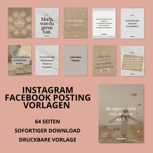 Könnte beinhalten: Eine Sammlung von Instagram- und Facebook-Posting-Vorlagen mit inspirierenden Zitaten und Phrasen. Die Vorlagen sind in verschiedenen Farben gehalten, darunter Beige, Weiß und Braun. Der Text enthält Sätze wie "Mach, was du gerne tust" und "Lebe deine Träume."
