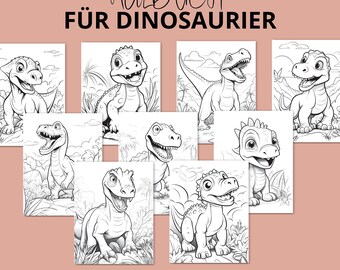 May include: A collection of printable dinosaur coloring pages. Each page features a different dinosaur illustration in black and white, ready for coloring. The text at the top reads "MALBUCH FÜR DINOSAURIER".