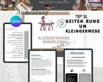 May include: Digital product marketing materials with the text "HoneyPLRDigital" and "Kleingewerbe anmelden". The image includes a Canva logo and a woman working on a laptop, with a German flag.