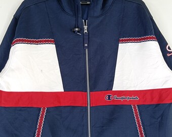 Vintage 90's Champion Navy Blue Multicolour Large Champion Zipper