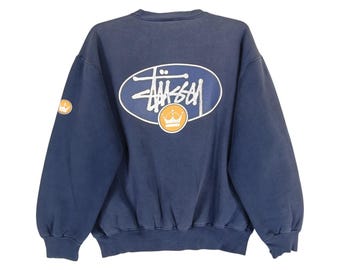 Vintage 90&#39;s Stussy Big Logo Navy Blue Large Sweatshirt Distressed Faded Stussy Streetwear Sweater/Sweatshirt/Pullover/Crewneck Size L