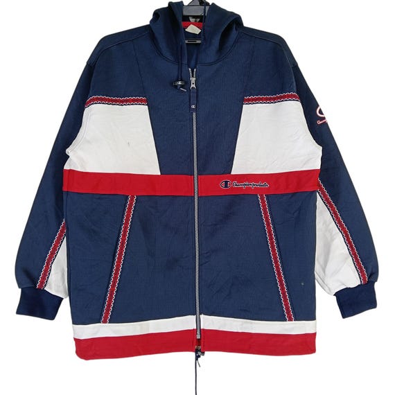 Vintage 90's Champion Navy Blue Multicolour Large Champion Zipper