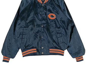 Chicago Bears NFL Football Leather Bomber Jacket - Black, Navy