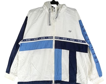 Vintage 90's Fred Perry White Blue Medium Jacket Fred Perry Zipper Hoodie Casual Jacket Embroidered Windbreaker Big Logo Jacket Size M
