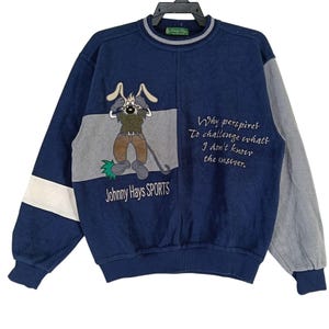 Vintage 90s Johnny Hays Navy Blue Gray Medium Sweatshirt Johnny Hays Sport Cartoon Embroidery Pullover/Crewneck/Sweater/Sweatshirt Size M