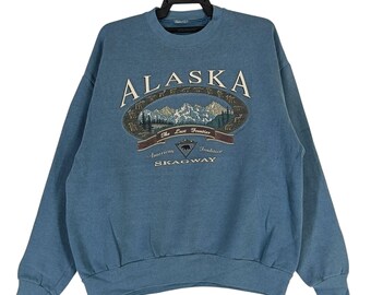 Vintage 90er Jahre Alaska American Tradition Soft Blau Retro Grafik Großes Sweatshirt Rundhals Pullover Grafik Pullover Pullover Größe L