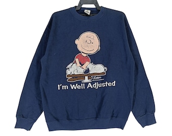 Vintage 90&#39;s Snoopy Peanuts Cartoon Navy Blue Large Sweatshirt I&#39;m Well Adjusted Snoopy Cartoon Characters Sweater/Pullover/Crewneck/Size L