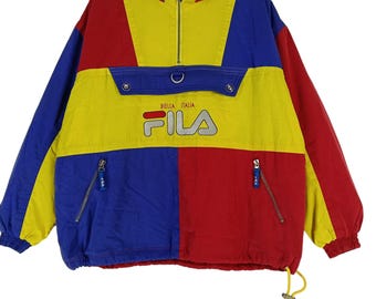 Vintage des années 90 Fila Biella Italia multicolore grand coupe-vent Fila Sportwear veste de sport anorak coupe-vent demi fermeture éclair veste à capuche taille L