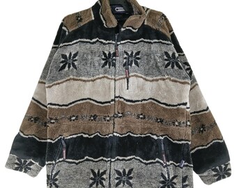 Vintage Outdoor Navajo Tribal Flower Large Fleece Jacket Flower Zipper Fleece Jacket Outdoor Winter Jacket Windbreaker Size L