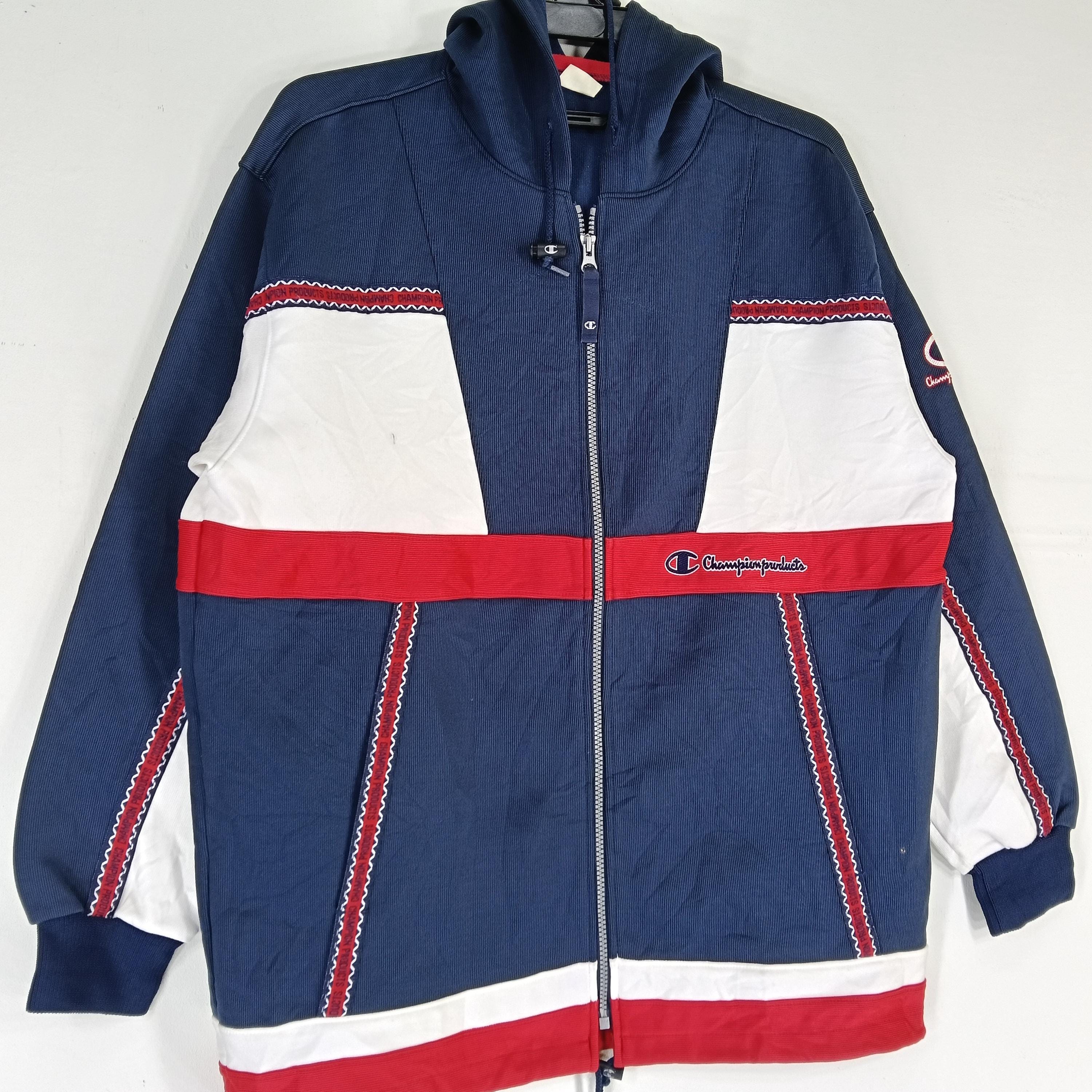 Vintage 90's Champion Navy Blue Multicolour Large Champion Zipper