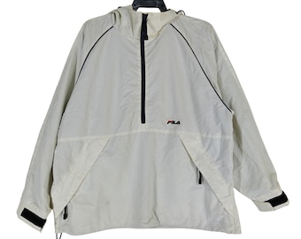 Vintage jaren 90 Fila Biella Italia witte anorak medium windjack Fila Sportwear Sport windjack met capuchon en halve rits maat M