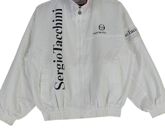 Vintage 90's Sergio Tacchini Pink White Large Windbreaker Zipper Outwear Multicolour Jacket Sportswear Windbreaker Big Logo Jacket Size L