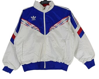 Vintage 90er Jahre Adidas Trefoil Windbreaker Jacke Large Adidas Light Jacket Adidas Drei-Streifen Jacke Adidas White Multicolor Zipper Coat L