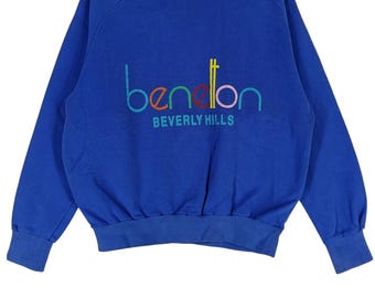 Vintage 90&#39;s Benetton Embroidery Blue Medium Sweatshirt Benetton Spell Out Pullover/Crewneck/Sweater Size M