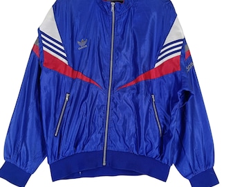 Vintage 90er Jahre Adidas Trefoil Windbreaker Jacke große Adidas leichte Jacke Adidas drei Streifen Jacke Adidas Blau Multicolor Reißverschluss Mantel L