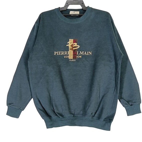 Balmain, Vintage 90's Pierre Balmain Blue Black Medium Sweatshirt Pierre Balmain Paris Embroidery Spell Out Pullover/Crewneck/Sweater/Size M