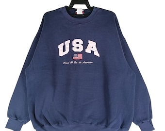 Vintage 90-tals USA Broderad Marinblå XLarge Sweatshirt Pround To Be An American Flag Tröja Crewneck Storlek XL