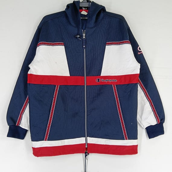 Vintage 90's Champion Navy Blue Multicolour Large Champion Zipper