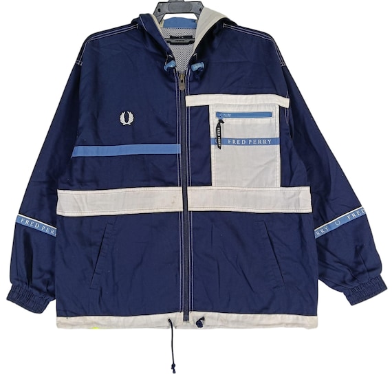 Vintage 90er Jahre Fred Perry Weiß Blau Kleine Jacke Fred Perry