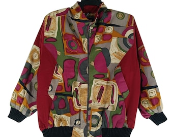 Vintage 90's Royalty Baroque Silk Jacket Large Abstract Pop Art Luxury Printed Novelty Baroque Ancient Psychedelic Light Jacket Size L