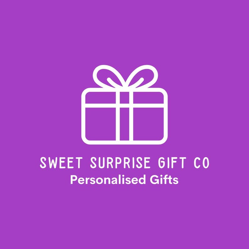 May include: A white line drawing of a gift box with a bow on a purple background. The text "SWEET SURPRISE GIFT CO" and "Personalised Gifts" is below the gift box.