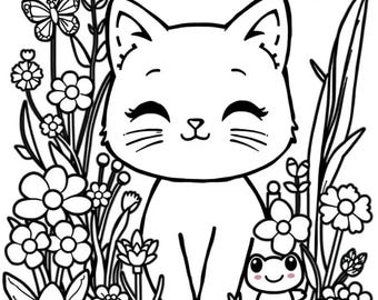 Cute Cat Kitten Garden Printable Downloadable Coloring Pages