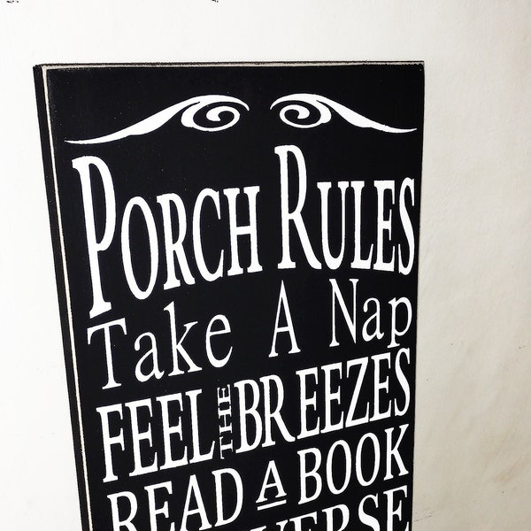 Hand Painted Porch Rules Wooden Sign, Black with White Lettering