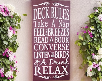 Deck Rules Wood Sign, Barn Red and White