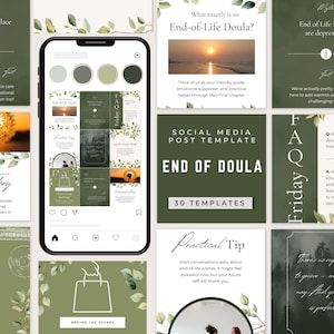 Könnte beinhalten: Ein Smartphone zeigt eine Social-Media-Post-Vorlage für eine End-of-Life-Doula. Das Design verwendet Grün und Weiß mit botanischen Elementen. Der Text enthält "End of Doula" und "30 Templates".