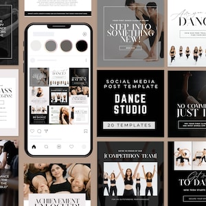 May include: A collection of social media post templates for a dance studio. The templates feature images of dancers, text overlays, and a variety of design elements. The color palette includes black, white, and beige tones. The text includes phrases like "Dance Studio" and "Step Into Something New!"