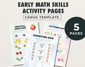 Pagine di attività matematiche per la scuola dell'infanzia, conteggio e addizioni (modello Canvas)