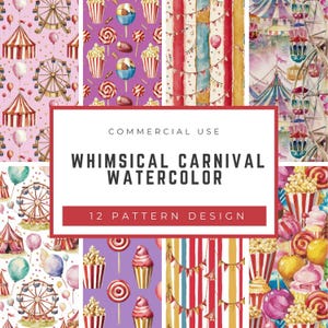 Carnival Watercolor Seamless Patterns – Whimsical Ferris Wheel, Tent, Cotton Candy, Sweets & Stripes – 12 JPG Digital Design, commercial use