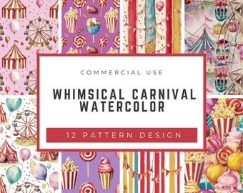 Motivi senza soluzione di continuità per carnevale ad acquerello: ruota panoramica, tenda, dolci (JPG, design digitale, uso commerciale)