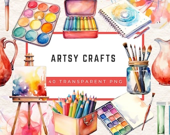 Pacchetto di clipart ad acquerello per hobbisti, adesivi PNG di materiali artistici (download digitale)