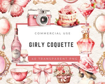 Girly Coquette Pack – Digital download Scrapbook & Journal Stickers – Pink Ribbons, Perfume, Makeup PNG