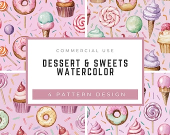 Motivo per dolci ad acquerello: Cupcake, ciambelle e gelato dai colori pastello (Download digitale)
