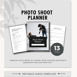 Puede incluir: Una plantilla de planificador de sesión de fotos con el título "PHOTO SHOOT PLANNER" en letras negras en negrita. La imagen muestra un modelo y un fotógrafo. El planificador incluye 13 páginas y es una plantilla de Canva editable.