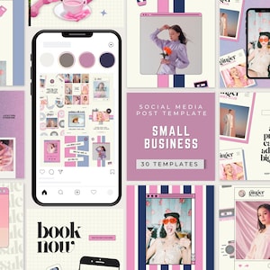 May include: A selection of social media post templates for small businesses. The design incorporates pink, purple, and blue hues, with a smartphone mockup showcasing different templates. Text includes "Social Media Post Template", "Small Business", and "30 Templates".