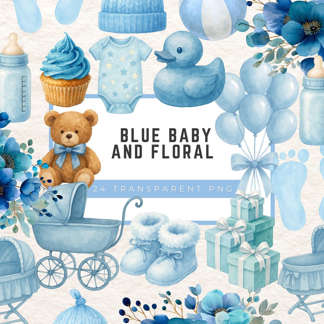 Blue Baby Shower Clipart Bundle, Watercolor Floral Bear PNG (digital ...