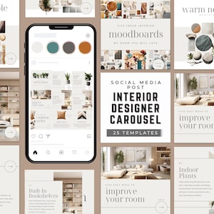 May include: A digital display of social media post templates for interior design, featuring a smartphone screen showing a carousel layout with text, interior photography, and color palettes, surrounded by various square template designs.