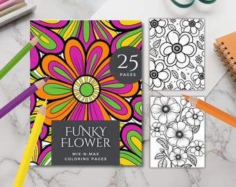 May include: A coloring book titled "Funky Flower" with 25 pages, featuring a large, colorful flower design. Includes two smaller black and white flower coloring pages, colored pencils, and scissors on a marble surface.