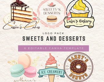 Bakery Logo Bundle | Vintage Dessert Shop Templates | Editable Branding Kit for Small Business, Cupcake, Donut, Ice Cream