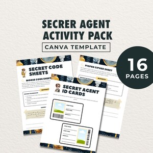 Puede incluir: Un paquete de actividades de agente secreto, plantilla de Canva, con 16 páginas. El paquete incluye hojas de código secreto, hojas de código Morse, hojas de cifrado Pigpen y tarjetas de identificación de agente secreto.