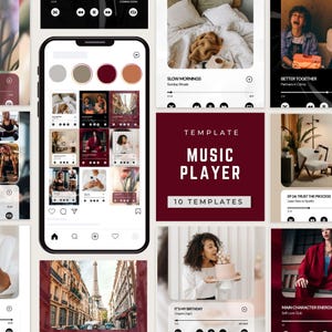 Op de afbeelding: Een smartphone toont een muziekspeler-sjabloon met een donkerrode achtergrond en de tekst "MUSIC PLAYER" en "10 TEMPLATES". Het scherm toont verschillende afbeeldings- en tekstindelingen voor social media-berichten. Het algemene thema zijn social media-sjablonen.