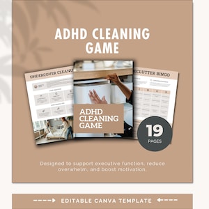 May include: A digital product titled "ADHD Cleaning Game" with the text "Undercover Cleanu" and "Declutter Bingo" on the pages. The product is designed to support executive function and reduce overwhelm. The product has 19 pages.