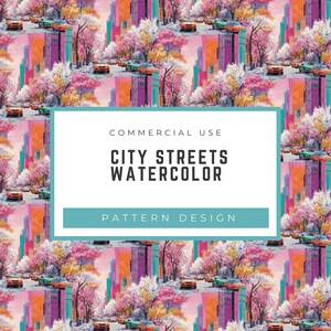 Spring Cityscape Seamless Pattern, Vibrant Street with Cherry Blossoms colorful Skyscrapers, Digital Urban Background, Digital download