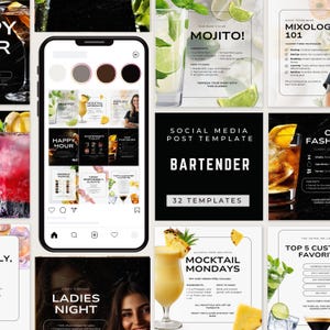 May include: A digital social media post template set for bartenders featuring 32 designs. The collection includes layouts for cocktail recipes like Mojito, Old Fashioned, and Mocktail Mondays, with text, drink photography, and colour palettes.