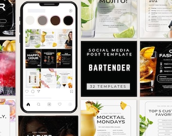 Bartender Social Media Post Templates | Canva Bundle for Instagram Promotion, Cocktail Bar, Drink Menu, Beverage Marketing, Editable Content